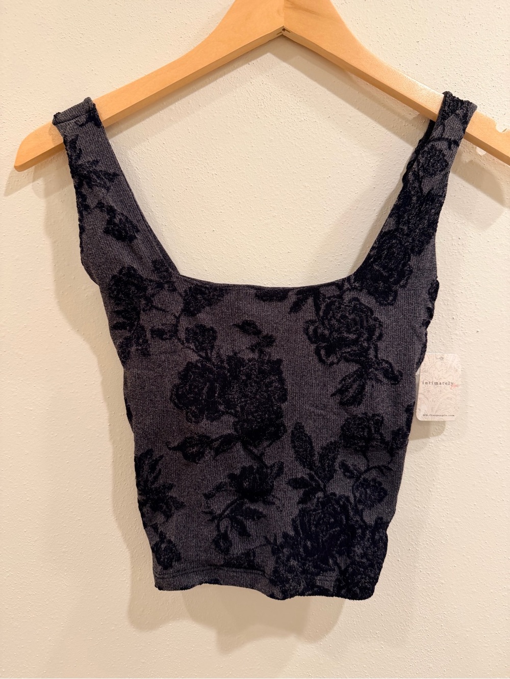 NWT: Intimately Free People Charcoal Gray and Black Floral Square Neck Tank